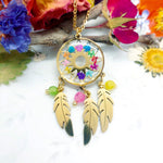 Woman rainbow dream catcher necklace real pressed dried flowers in resin, gold steel chain. Real flower resin jewelry