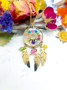 Woman rainbow dream catcher necklace real pressed dried flowers in resin, gold steel chain. Real flower resin jewelry