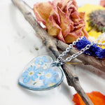 Real flowers heart necklace Forget me not in uv resin. Silver forget-me-not heart pendant. Resin jewelry. Dried pressed flowers