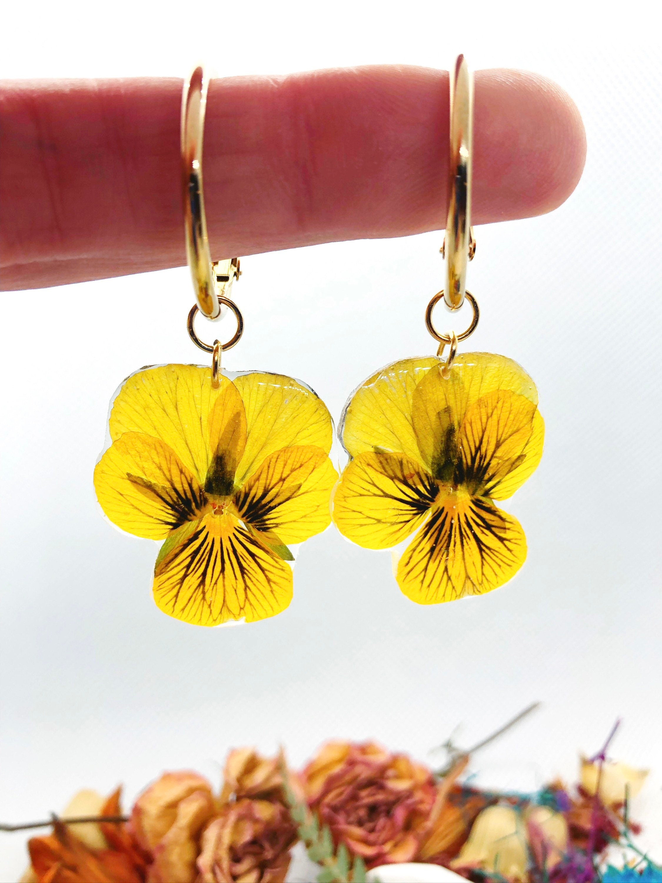 Orecchini Pansy Eleganti Cerchi Donna Pendenti.Gioielli Fiori Veri Orecchini Leggeri Anallergici.Ciondoli acciaio Oro.Idea Regalo Compleanno