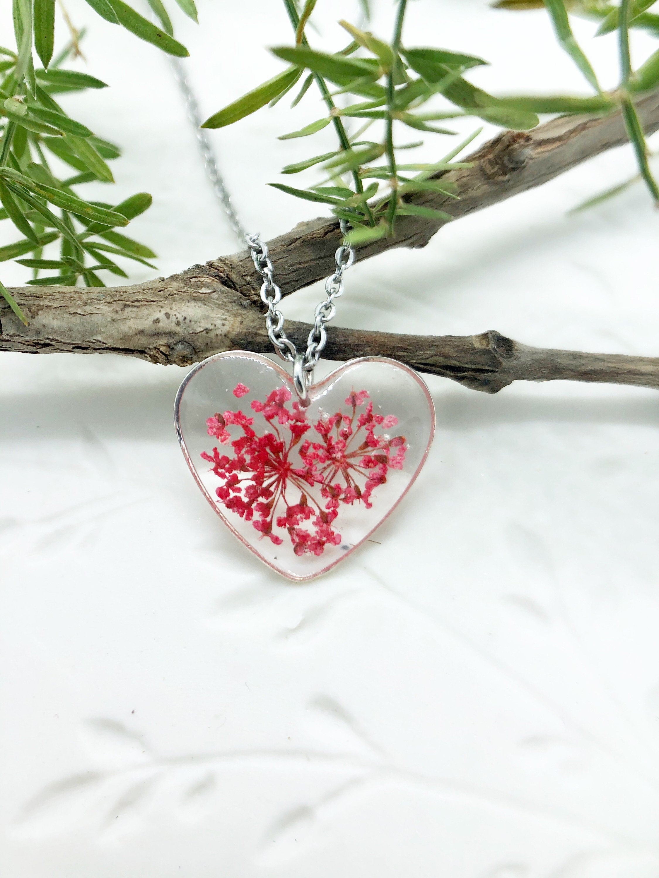 Woman heart pendant necklace with real red flowers in resin. Steel chain. Minimalist jewelry botany terrarium nature