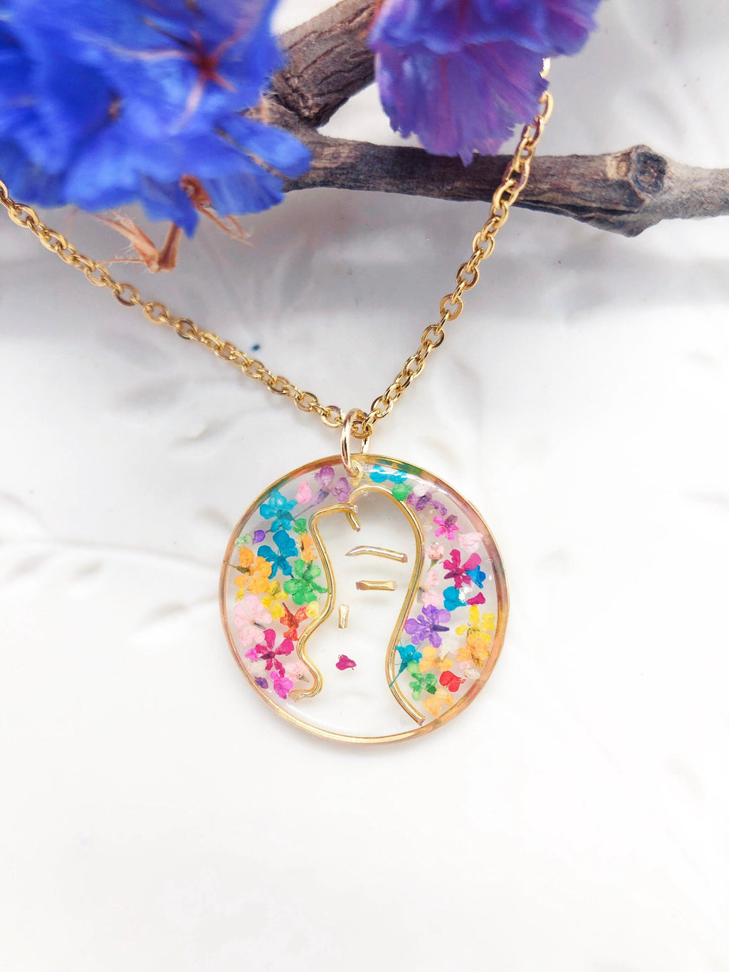 Dry Flower Resin Necklace, Real Flower Necklace Gold, Flower Jewellery Resin, Women FaceNecklace, Pressed Flower Necklace, Cute Jewellery