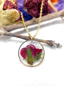 Woman necklace with real flower pendant Red rose bud in resin. Gold steel chain Jewels crystals dried flowers pressed terrarium