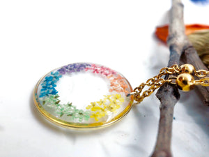 Rainbow women's necklace with real dried pressed flowers in resin, gold steel chain. Real flower resin jewelry. Rainbow pendant.hippie style