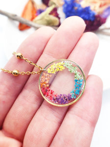 Rainbow women's necklace with real dried pressed flowers in resin, gold steel chain. Real flower resin jewelry. Rainbow pendant.hippie style