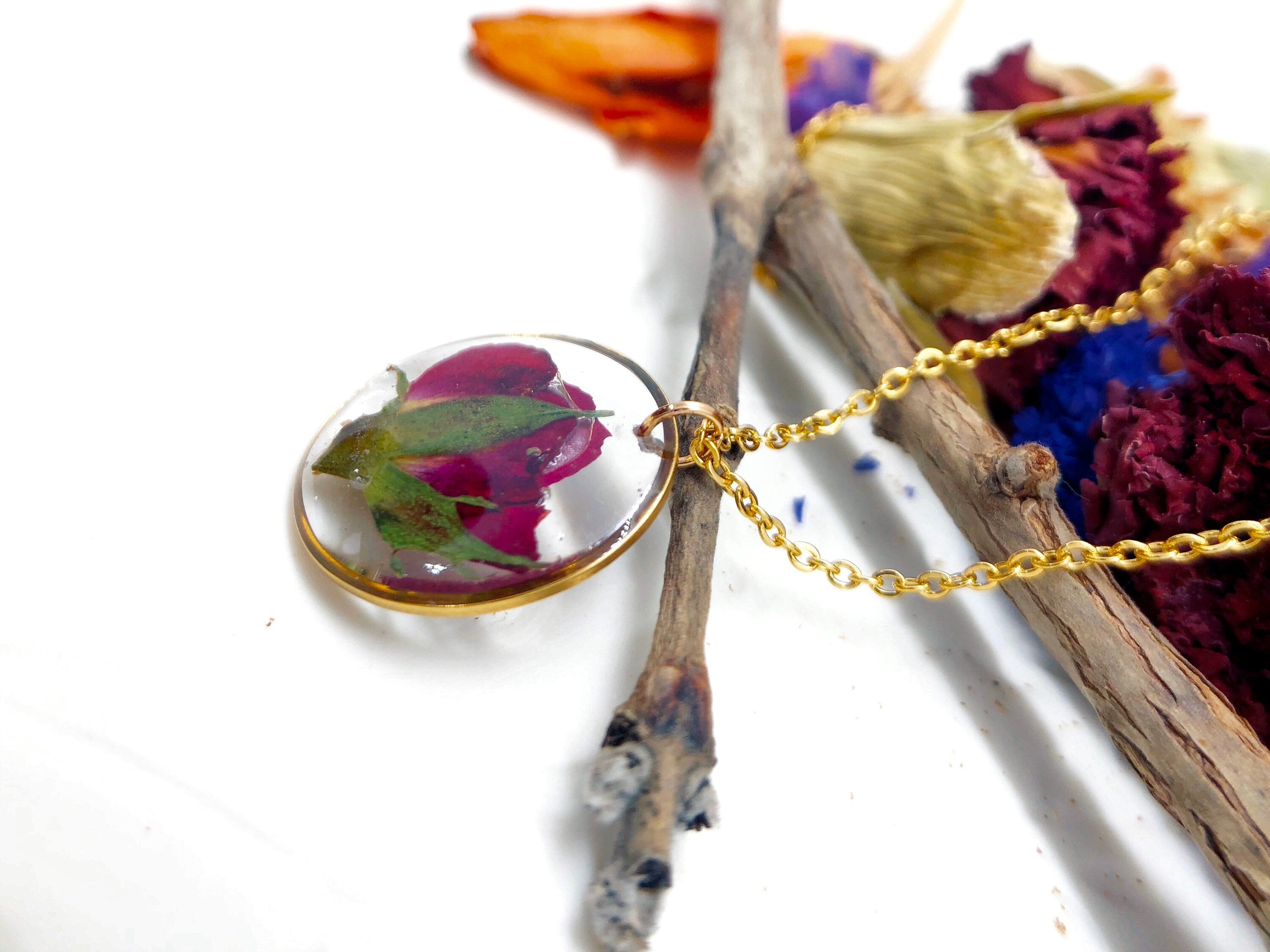 Woman necklace with real flower pendant Red rose bud in resin. Gold steel chain Jewels crystals dried flowers pressed terrarium