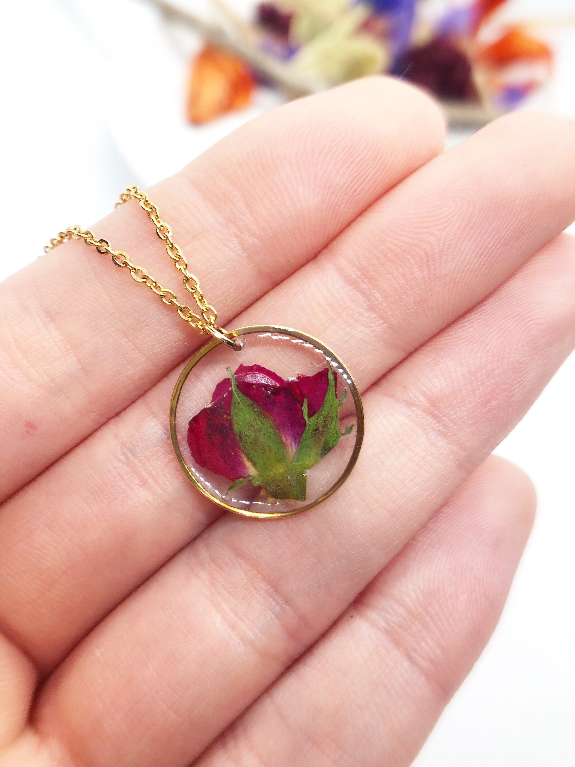 Woman necklace with real flower pendant Red rose bud in resin. Gold steel chain Jewels crystals dried flowers pressed terrarium