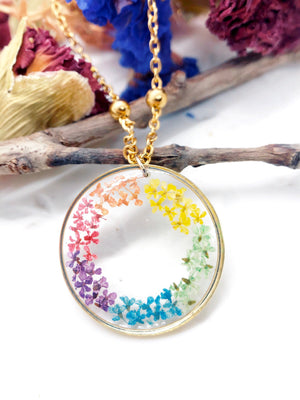 Rainbow women's necklace with real dried pressed flowers in resin, gold steel chain. Real flower resin jewelry. Rainbow pendant.hippie style