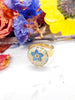 Anello donna fiore vero forget me not, nontiscordardimé , azzurro, scaglie opale arcobaleno. Anello taglia unica acciaio oro.