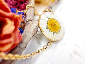 Bracciale donna terrarium fiore vero Margherita bianca Ciondolo in resina catenella acciaio oro regolabile taglia unica.Gioielli resina