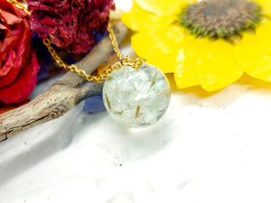 Collana donna dandelion dente di leone vero naturale sfera in resina. Gioielli fiori veri essiccati pressati. Catenina oro