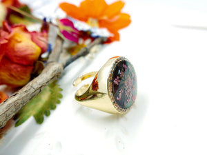 Anello donna ottone oro strass Gemma abalone camaleontica fiori veri rosa pizzo regina Anna.Taglia unica.Gioielli resina fiori veri.