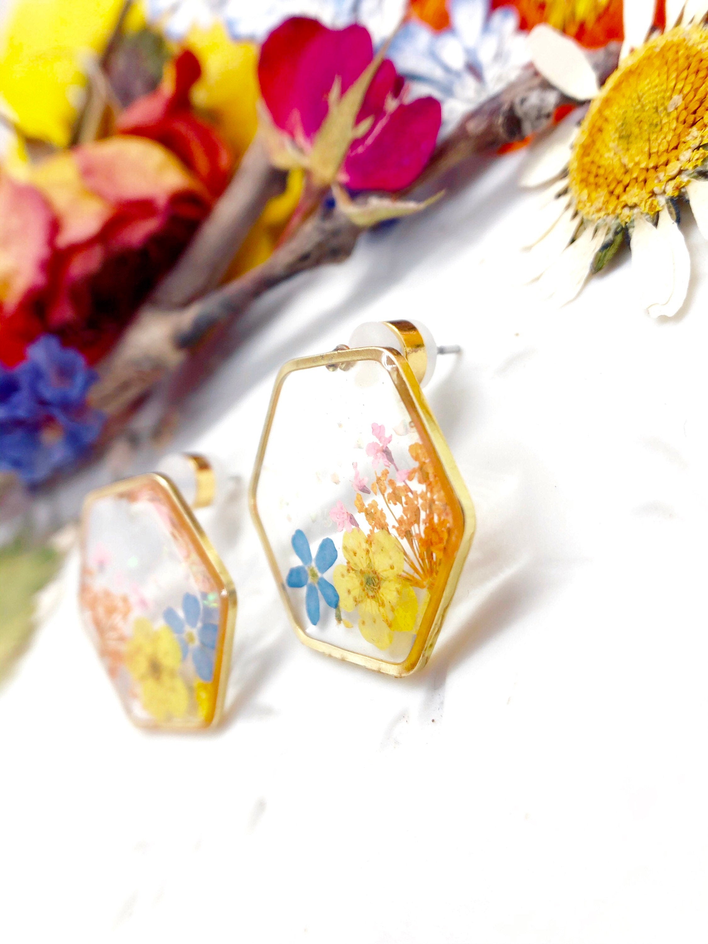 Brass hexagonal earrings real flowers Colorful forget me not Pressed dried flower resin jewelry.Unique forget-me-not accessories