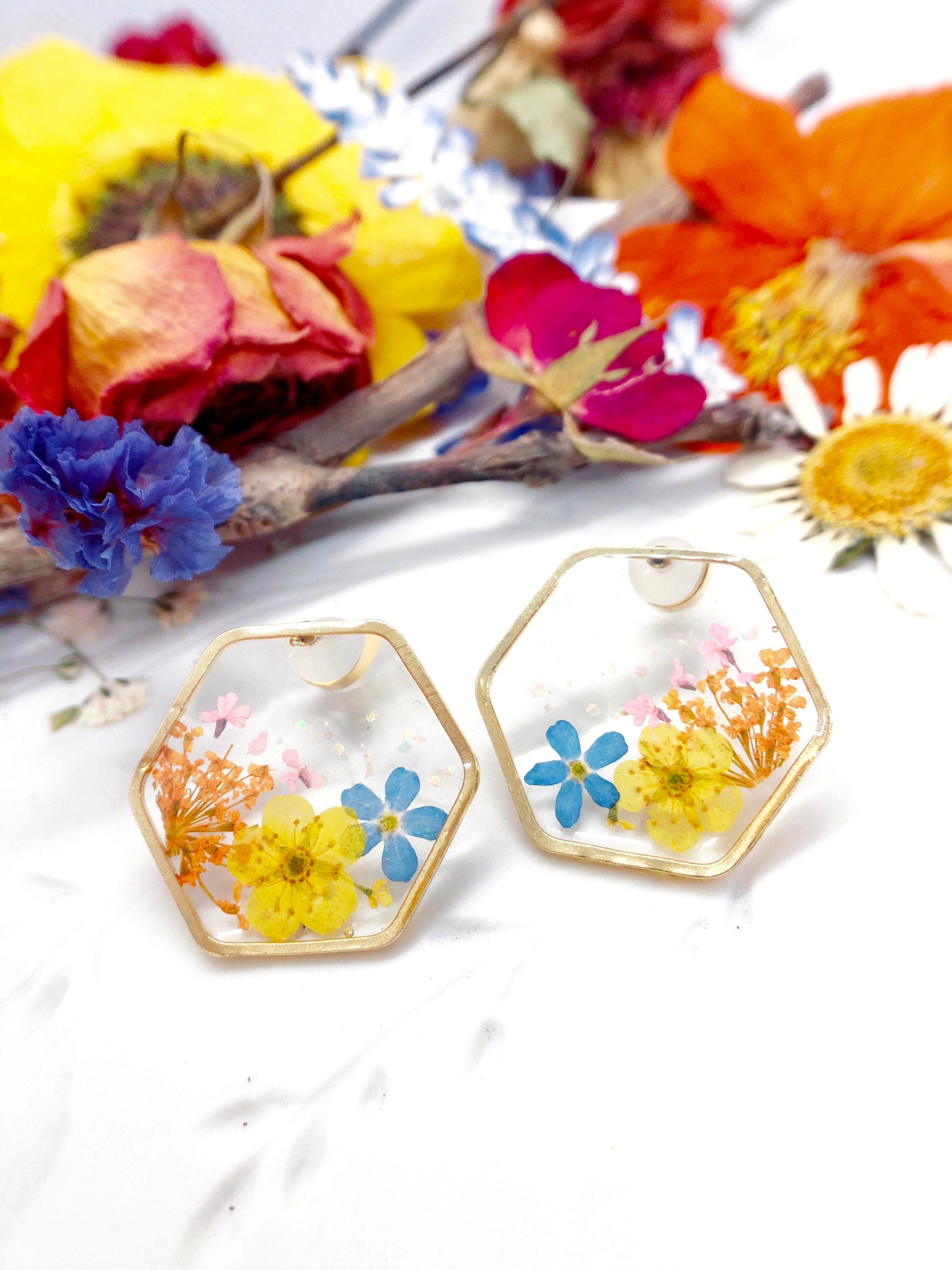 Brass hexagonal earrings real flowers Colorful forget me not Pressed dried flower resin jewelry.Unique forget-me-not accessories