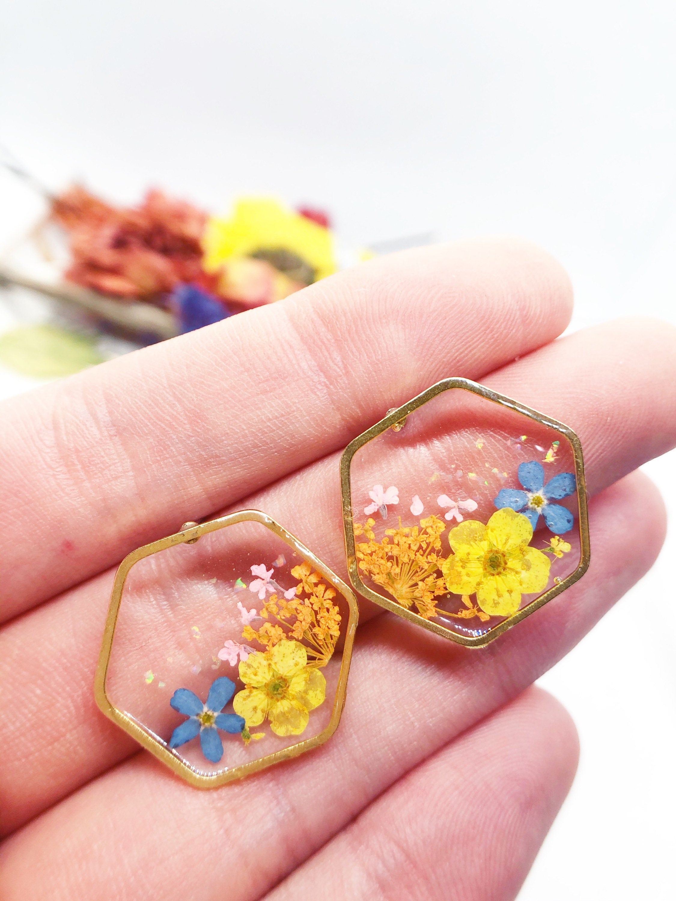 Brass hexagonal earrings real flowers Colorful forget me not Pressed dried flower resin jewelry.Unique forget-me-not accessories