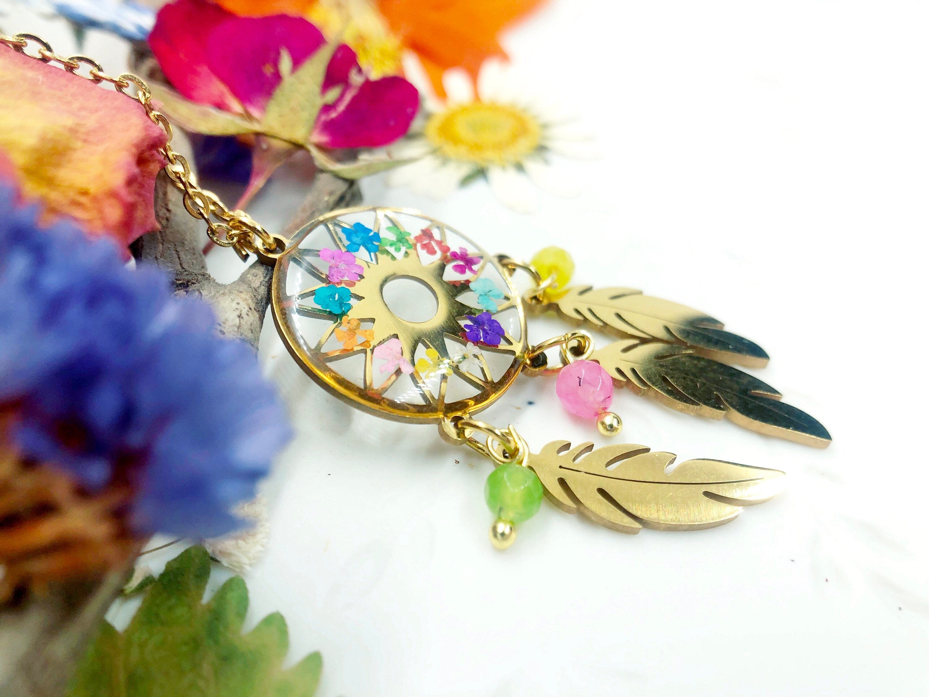 Woman rainbow dream catcher necklace real pressed dried flowers in resin, gold steel chain. Real flower resin jewelry