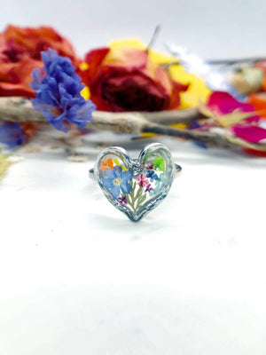 Anello cuore donna fiori veri in resina. Argento acciaio inossidabile fiori secchi pressati. Anello taglia unica regolabile. Anello resina