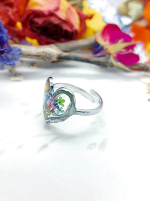 Anello cuore donna fiori veri in resina. Argento acciaio inossidabile fiori secchi pressati. Anello taglia unica regolabile. Anello resina