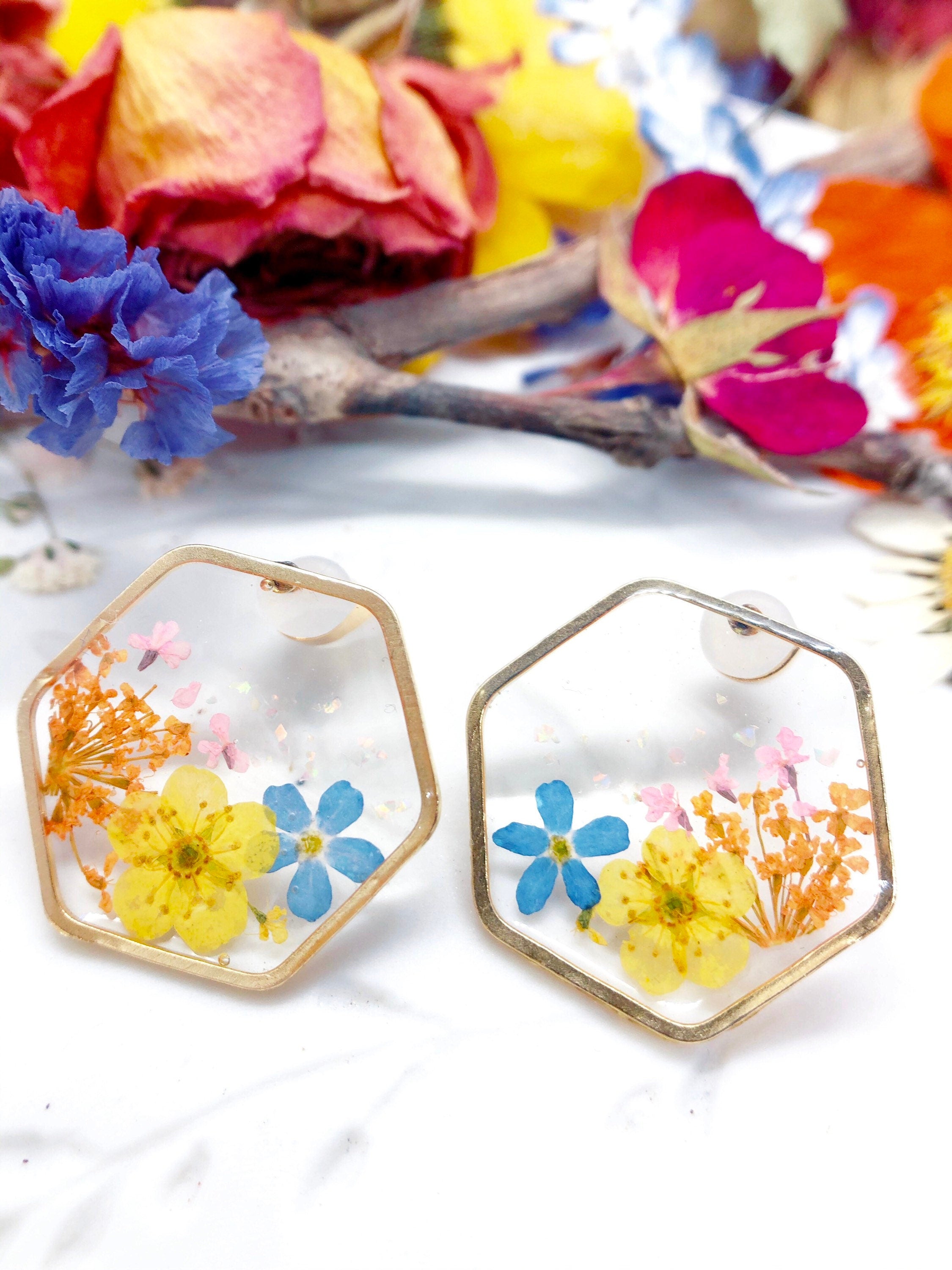 Brass hexagonal earrings real flowers Colorful forget me not Pressed dried flower resin jewelry.Unique forget-me-not accessories