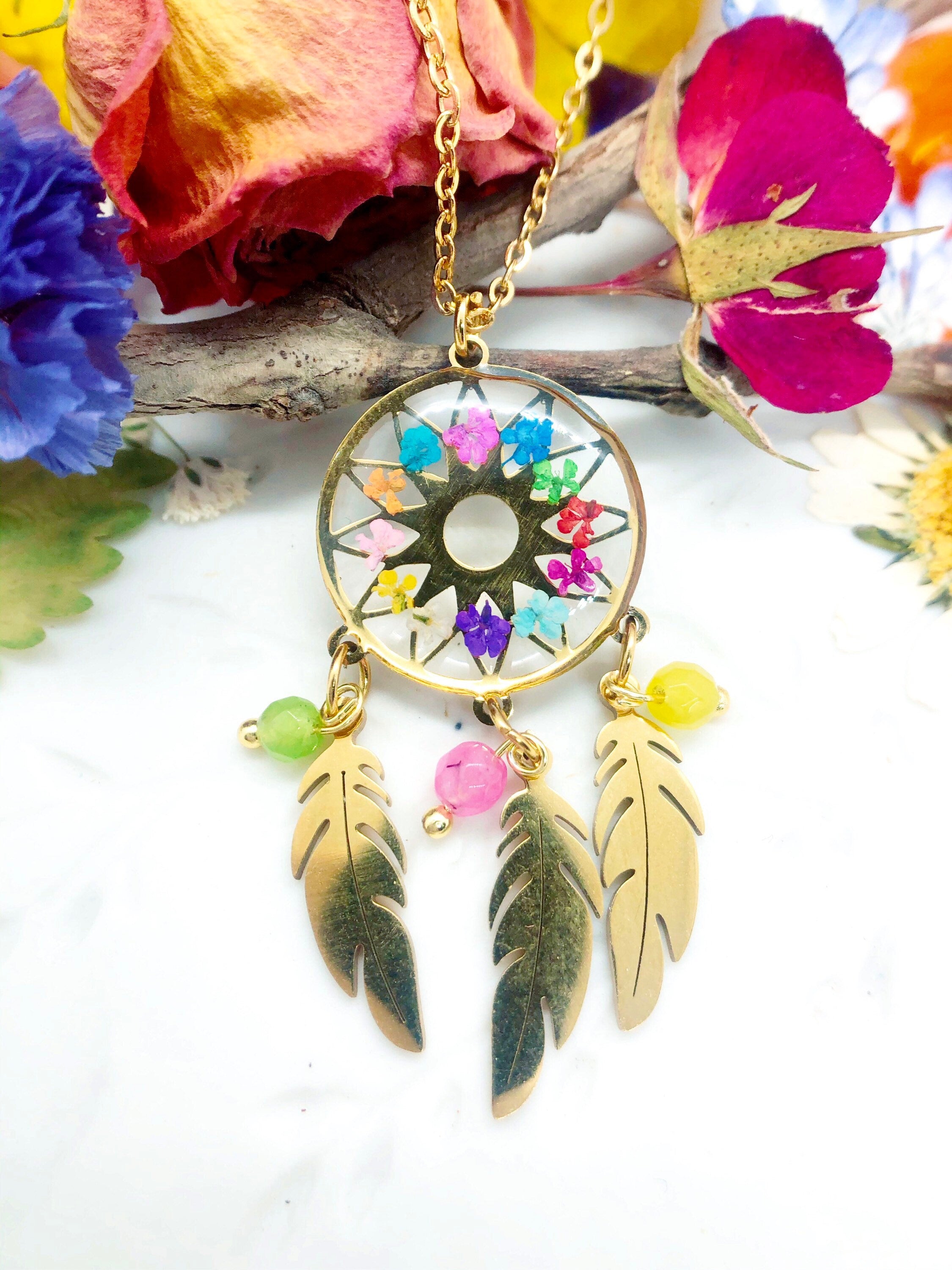 Woman rainbow dream catcher necklace real pressed dried flowers in resin, gold steel chain. Real flower resin jewelry