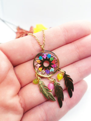 Woman rainbow dream catcher necklace real pressed dried flowers in resin, gold steel chain. Real flower resin jewelry