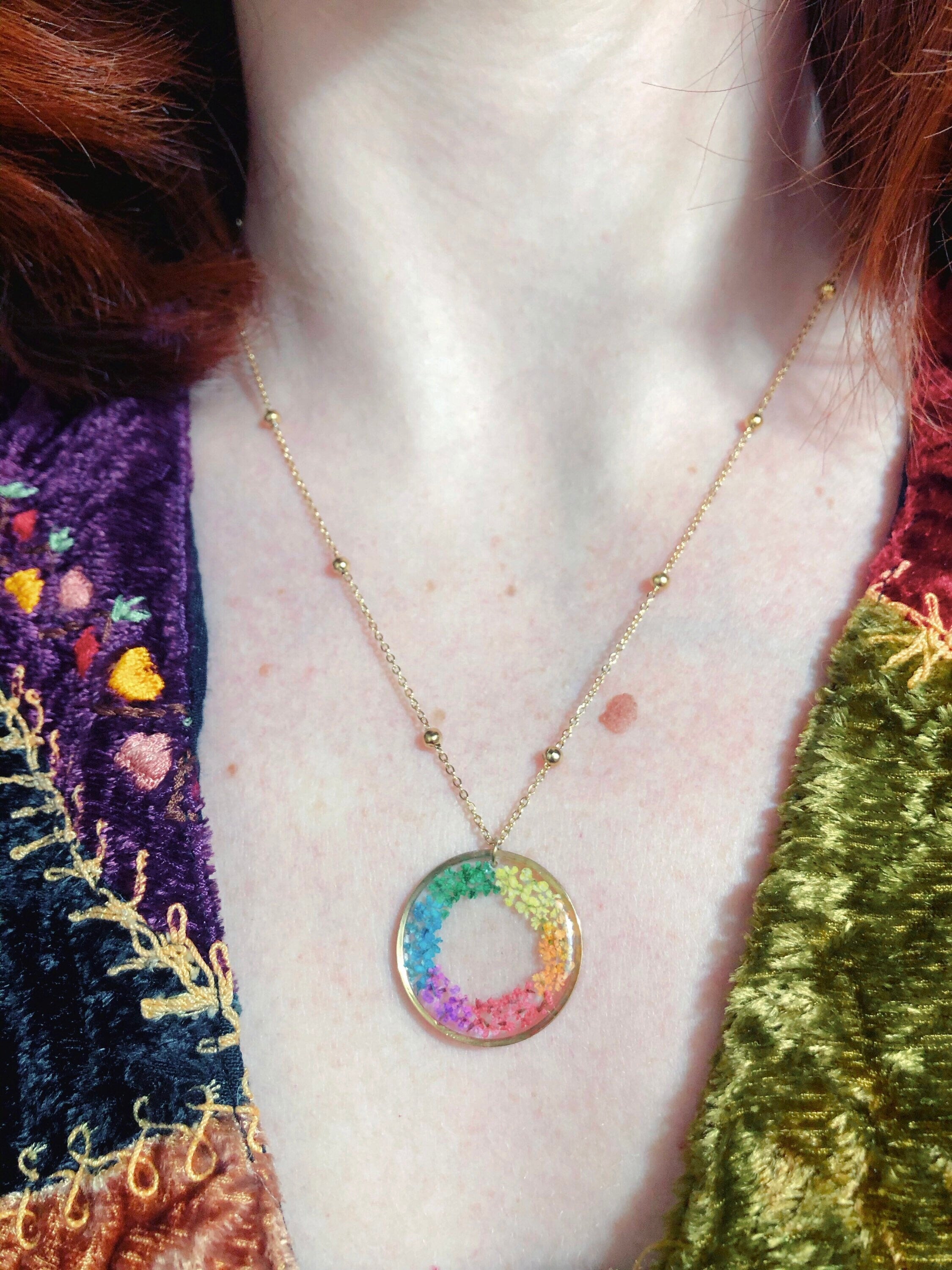 Rainbow women's necklace with real dried pressed flowers in resin, gold steel chain. Real flower resin jewelry. Rainbow pendant.hippie style