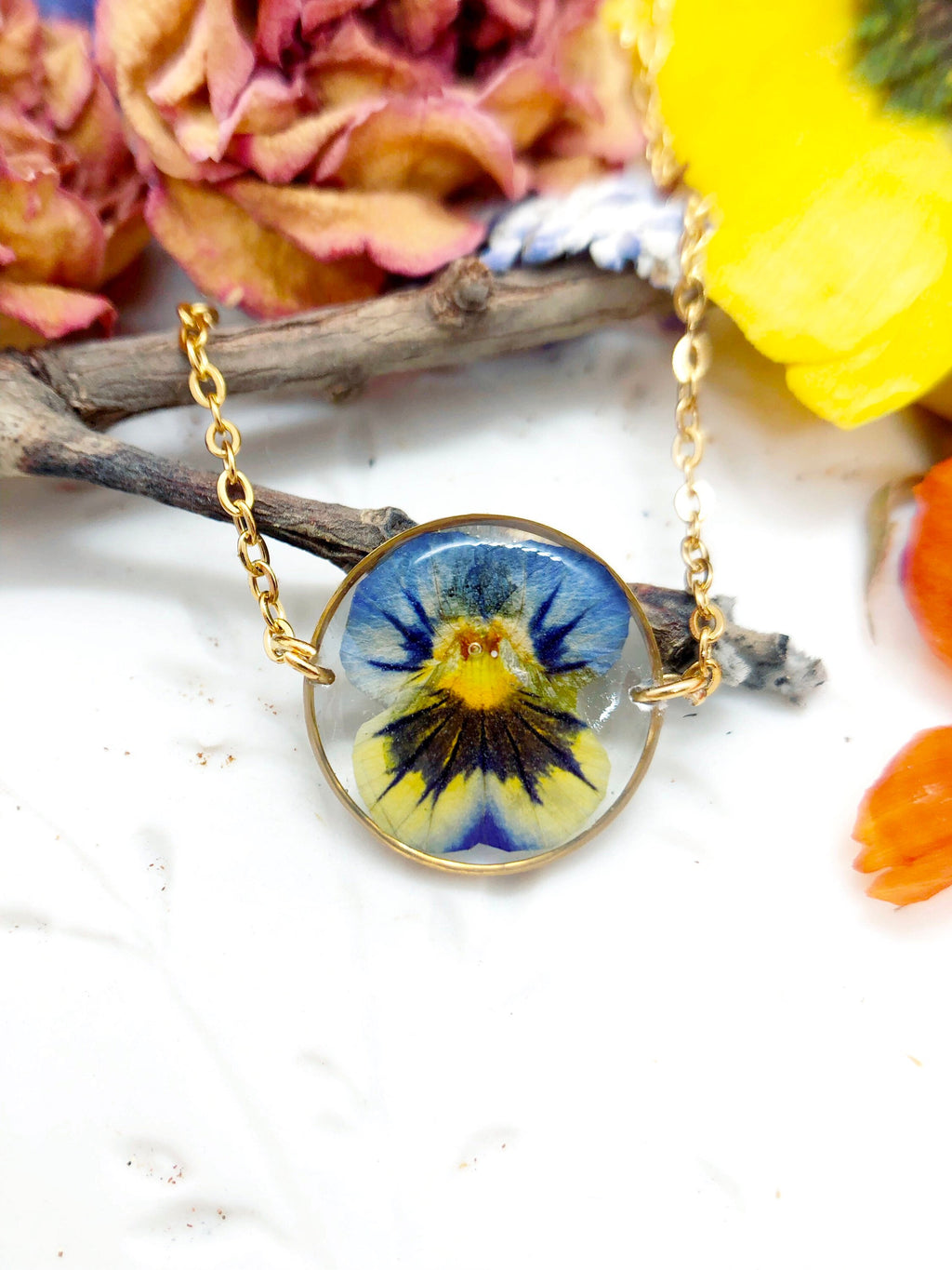 Women's necklace real pressed dried pansy flower in resin. gold circle pendant. Unique gift. Real flower accessory