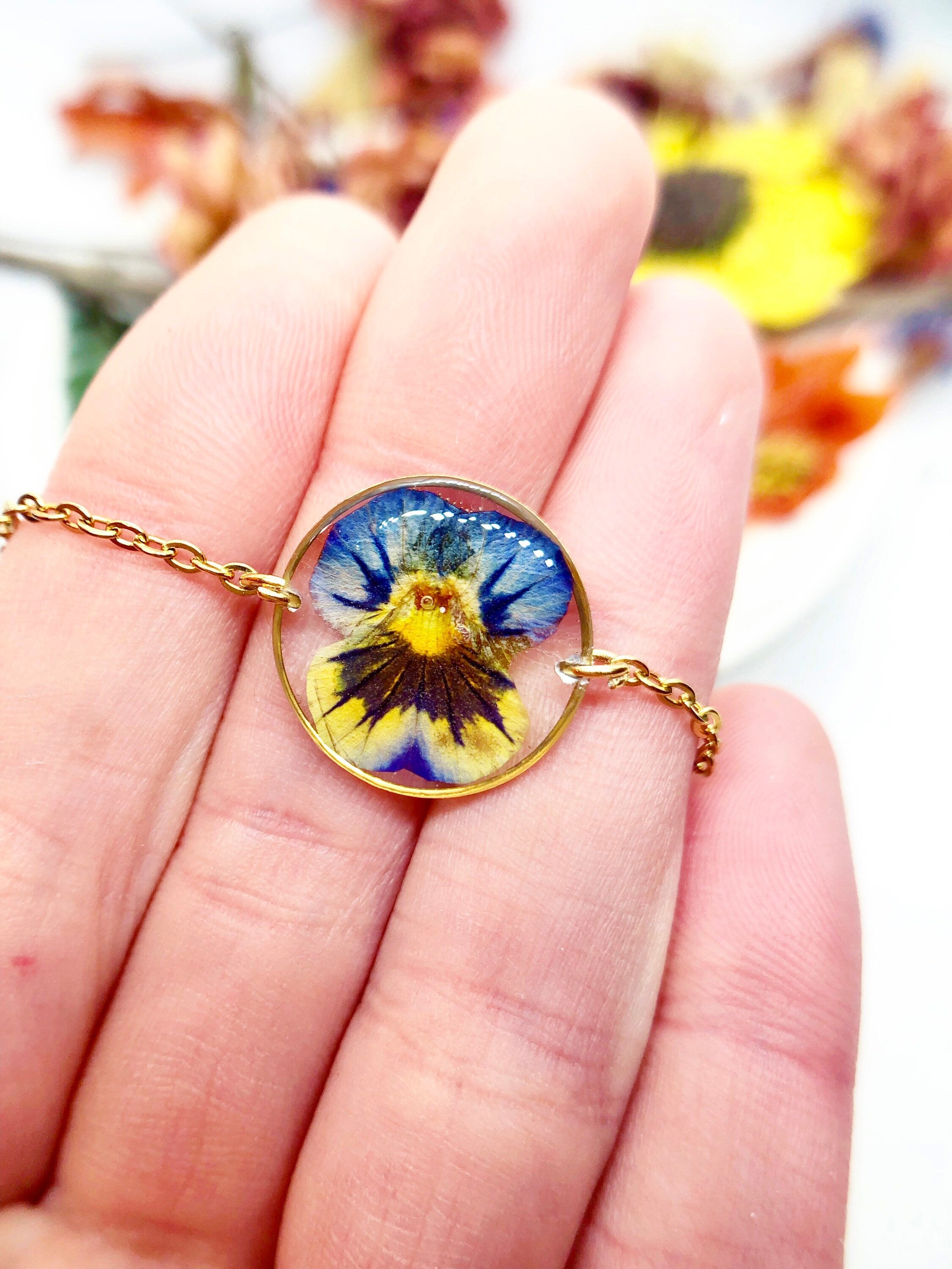 Women's necklace real pressed dried pansy flower in resin. gold circle pendant. Unique gift. Real flower accessory