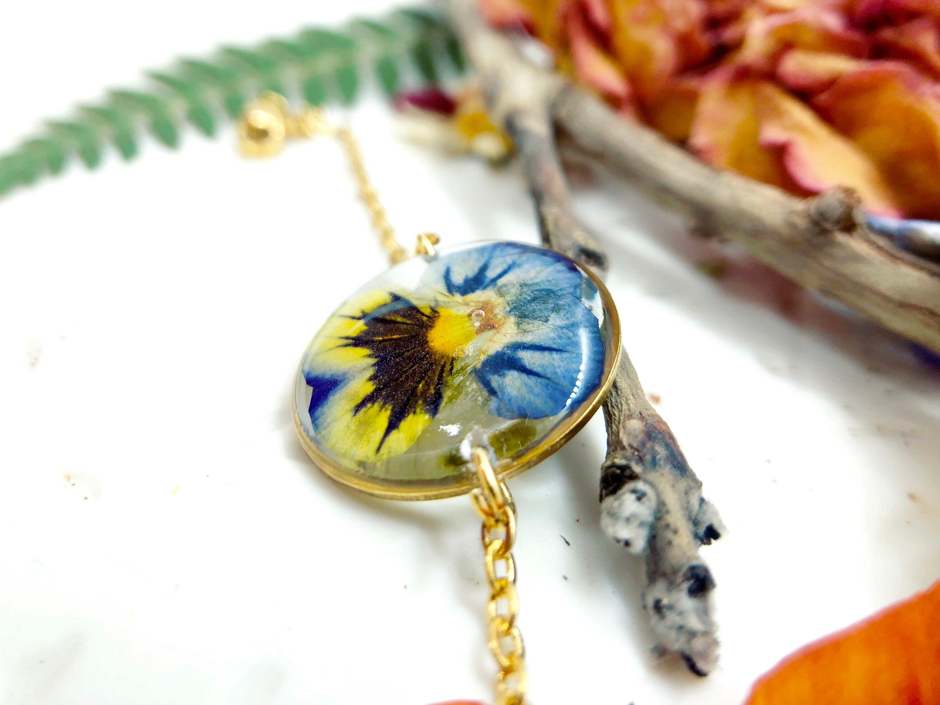 Women's necklace real pressed dried pansy flower in resin. gold circle pendant. Unique gift. Real flower accessory