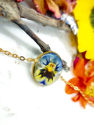 Women's necklace real pressed dried pansy flower in resin. gold circle pendant. Unique gift. Real flower accessory