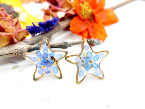 Orecchini stelle al lobo acciaio oro fiori veri nontiscordardimé forget me not resina.Gioielli resina fiori stelle oro.Accessori donna unici