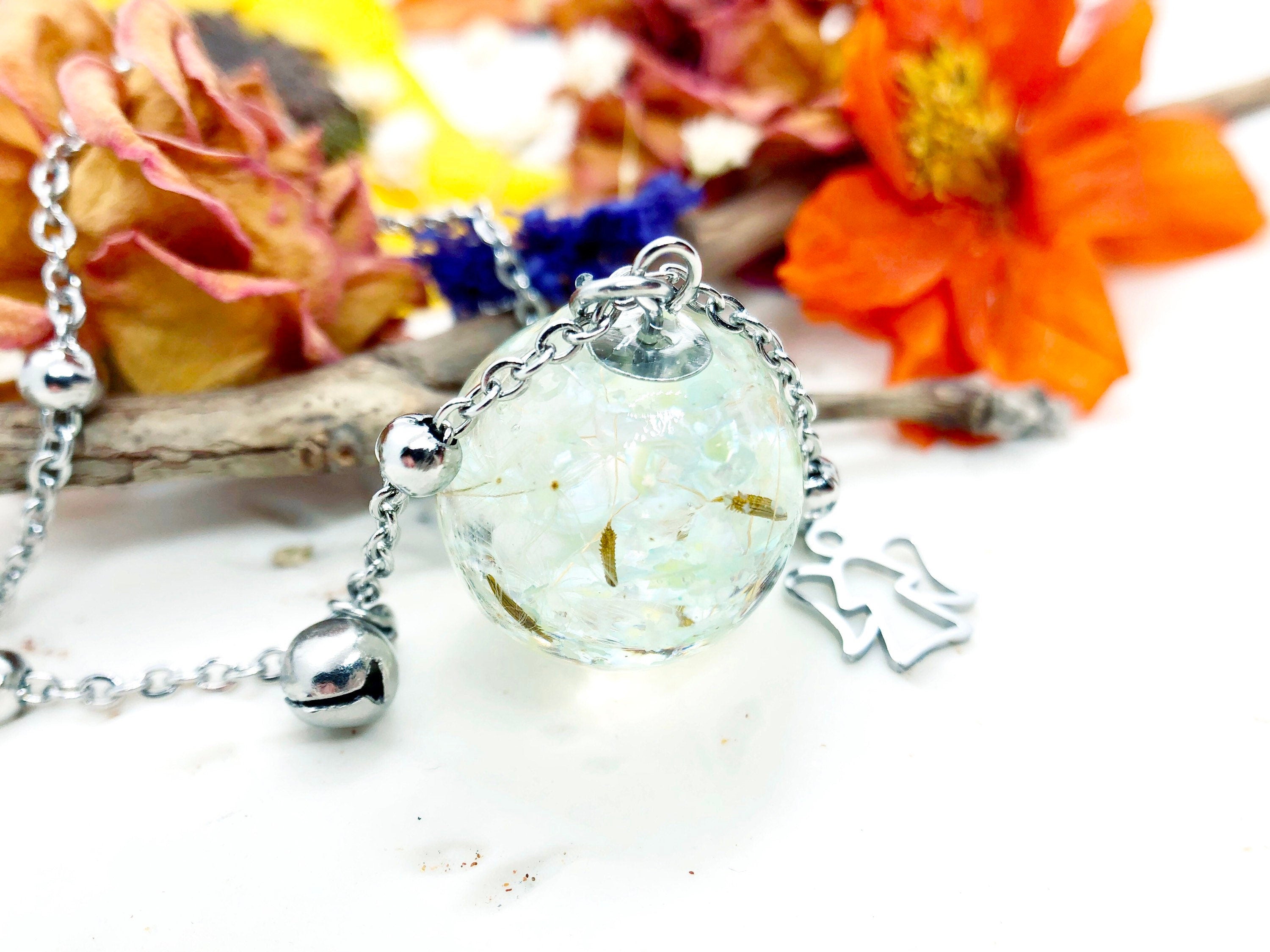 Collana donna mamma richiamo degli angeli. Collana donna incinta fiori veri dandelion tarassaco dente di leone pressati essiccati in resina.