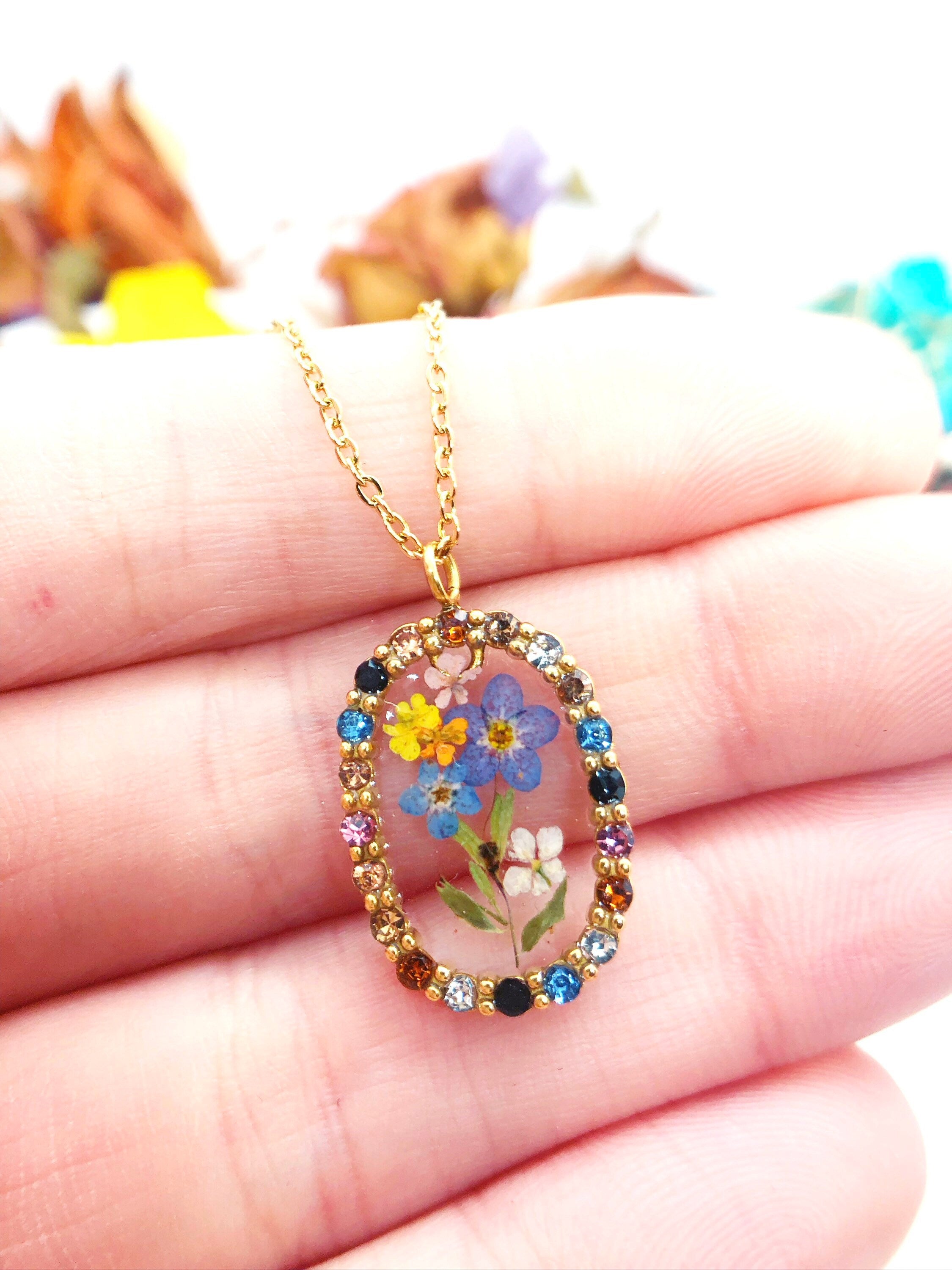 Rainbow rhinestone pendant necklace real flower bouquet in resin. Gold flower jewelry Forget me not forget-me-not. Unique gift necklace