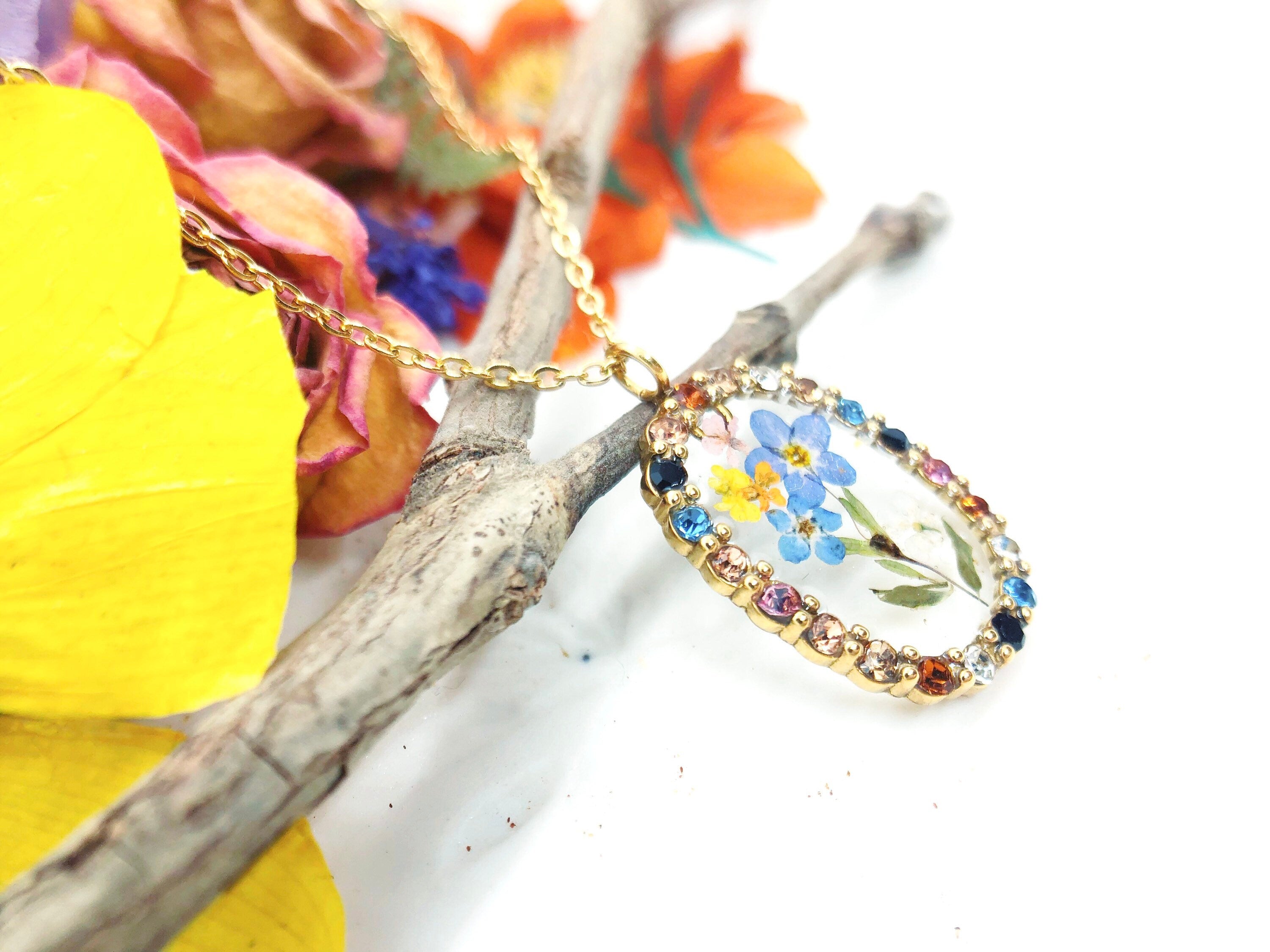 Rainbow rhinestone pendant necklace real flower bouquet in resin. Gold flower jewelry Forget me not forget-me-not. Unique gift necklace