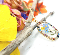 Rainbow rhinestone pendant necklace real flower bouquet in resin. Gold flower jewelry Forget me not forget-me-not. Unique gift necklace