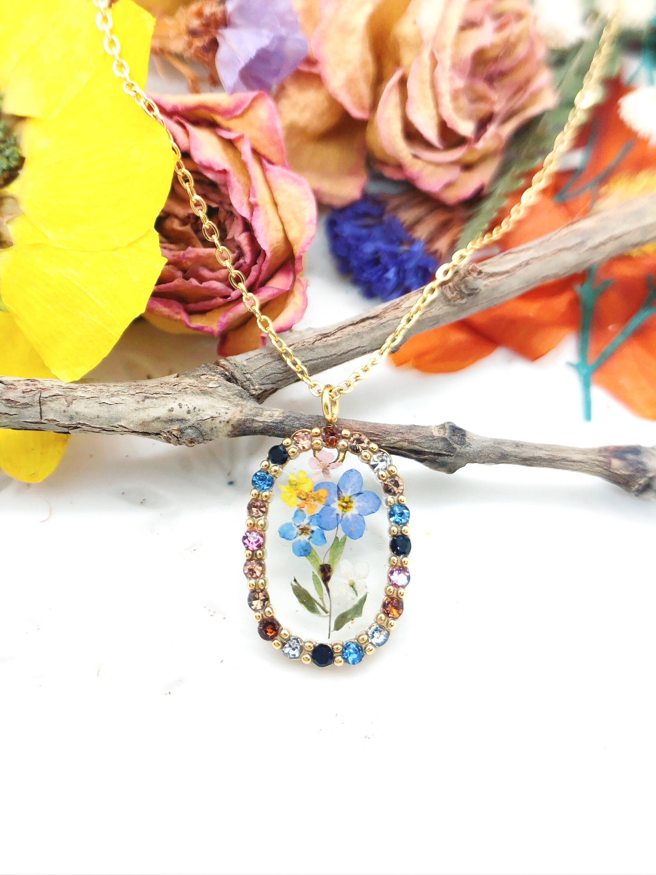 Rainbow rhinestone pendant necklace real flower bouquet in resin. Gold flower jewelry Forget me not forget-me-not. Unique gift necklace