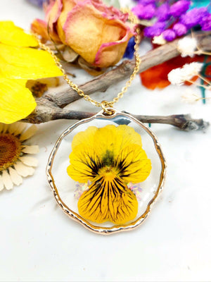 Woman yellow pansy tiger eye real flower necklace.Real flower jewelry in resin.gold circle pendant charm. Unique gift