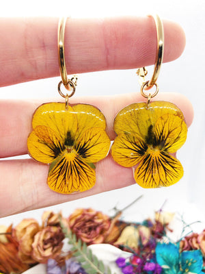 Orecchini Pansy Eleganti Cerchi Donna Pendenti.Gioielli Fiori Veri Orecchini Leggeri Anallergici.Ciondoli acciaio Oro.Idea Regalo Compleanno