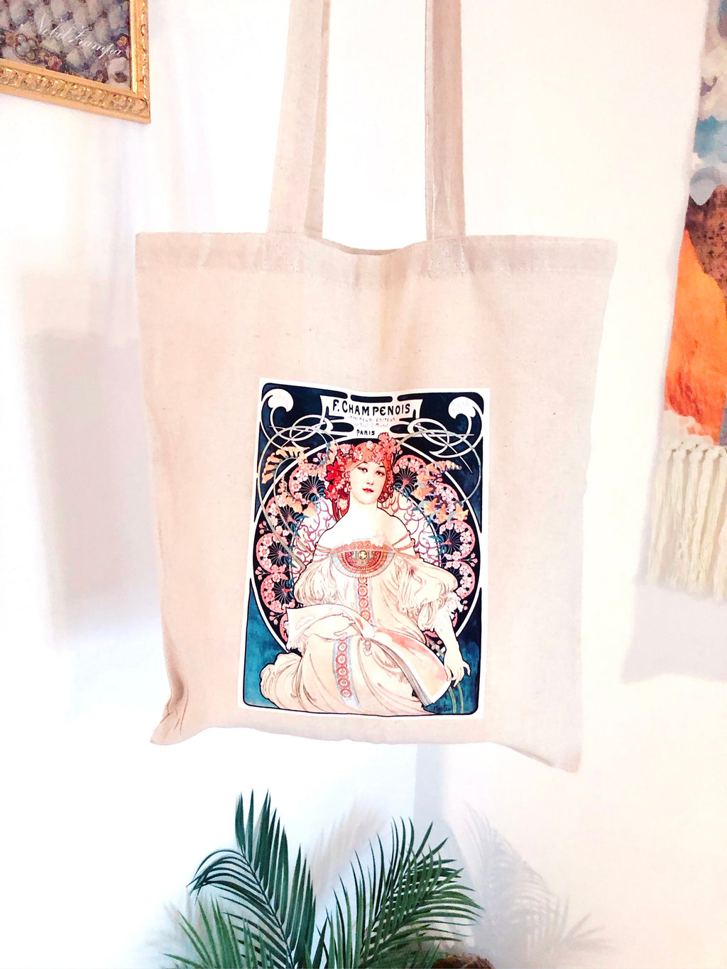 Borsa tote Shopping Bag canvas sacca in cotone con stampa floreale artistica. Borsa mare pratica ecologica resistente in tela beige.